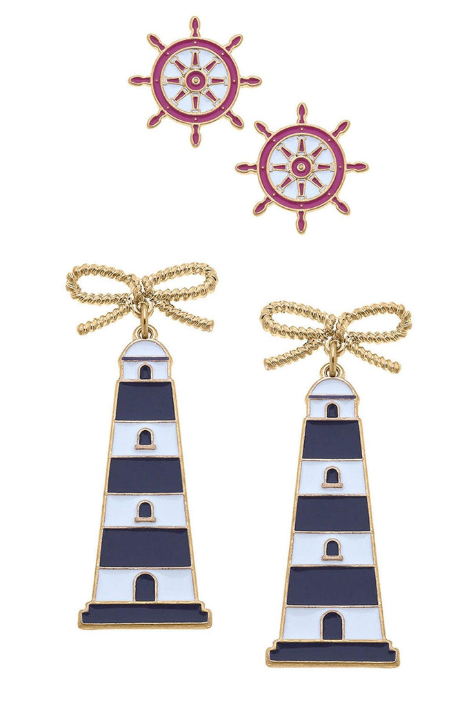 Bridget Pink Nautical Ship's Wheel Stud and Luna Navy Lighthouse Earring Set - Canvas Style