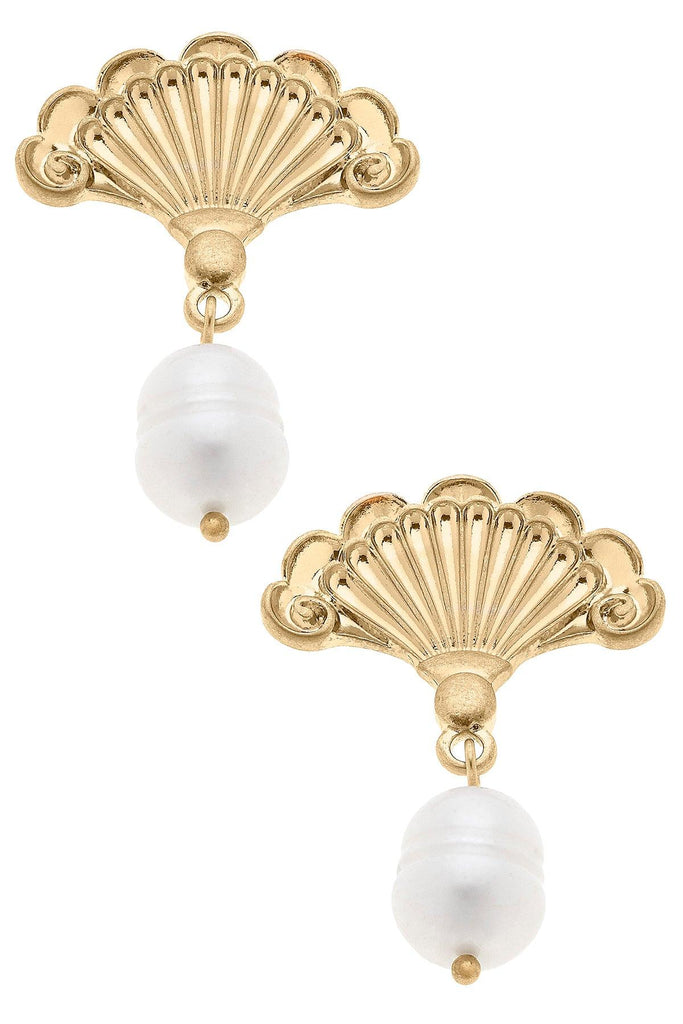 Brigitte French Fan & Pearl Drop Earrings in Worn Gold - Canvas Style