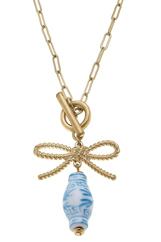 Brooke Porcelain & Bow Drop Necklace in Wedgwood Blue - Canvas Style