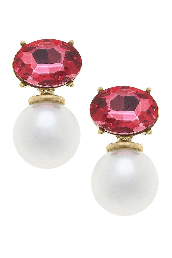 Brooke Rhinestone & Pearl Drop Earrings in Fuchsia - Canvas Style