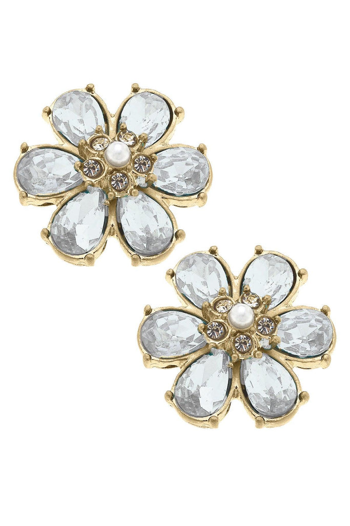 Brooke Rhinestone & Pearl Flower Stud Earrings in Clear - Canvas Style