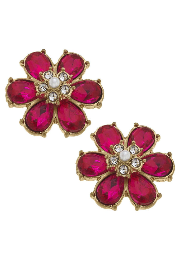 Brooke Rhinestone & Pearl Flower Stud Earrings in Fuchsia - Canvas Style