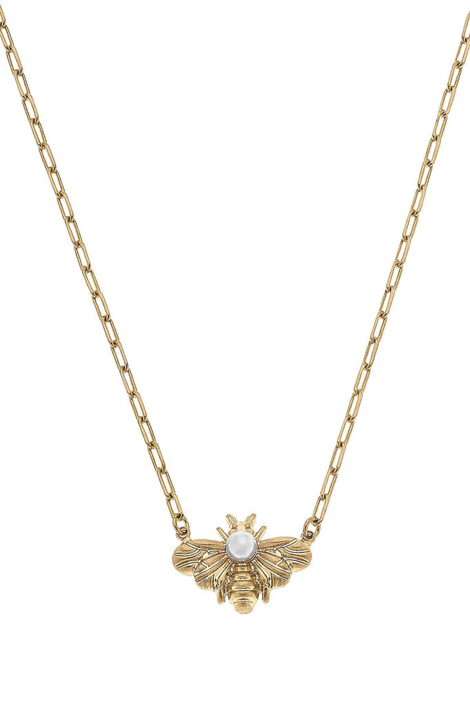 Calloway Bee & Pearl Pendant Necklace in Worn Gold - Canvas Style