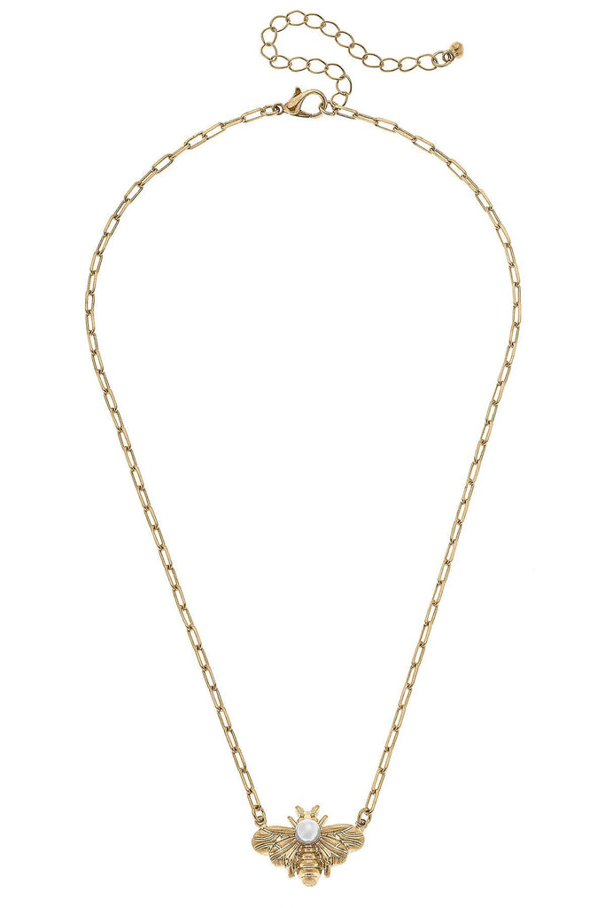 Calloway Bee & Pearl Pendant Necklace in Worn Gold - Canvas Style