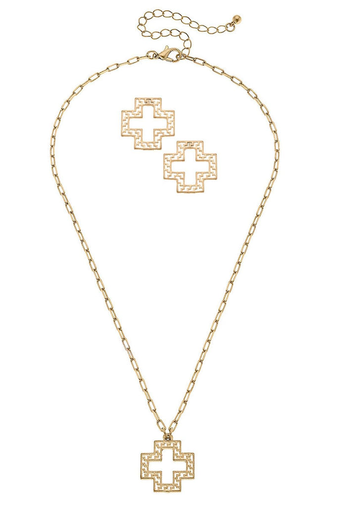 Cameryn Greek Keys Cross Earring and Necklace Set - Canvas Style