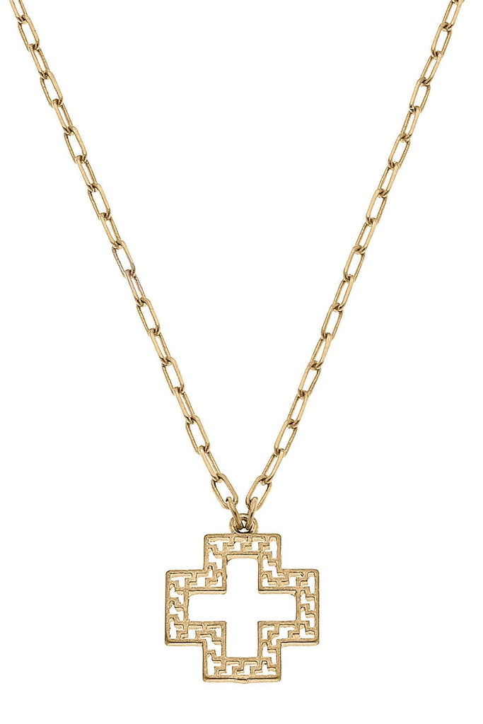 Cameryn Greek Keys Cross Necklace in Worn Gold - Canvas Style