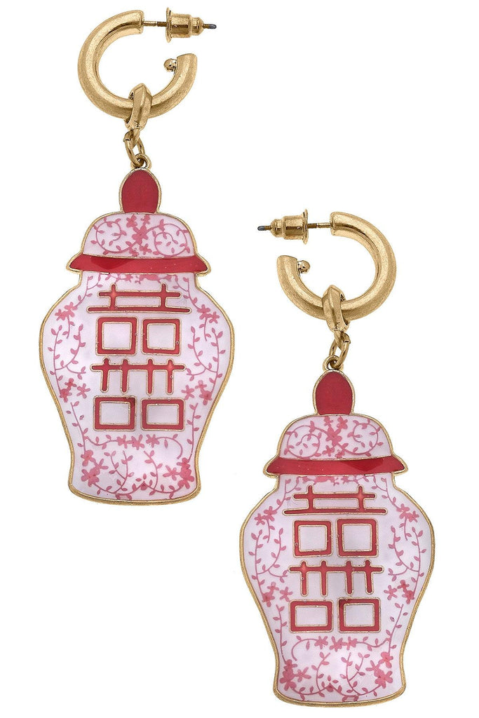 Camille Enamel Double Happiness Temple Jar Earrings in Pink & White - Canvas Style