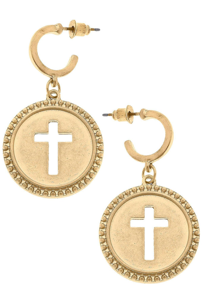 Candace Coin Cross Drop Hoop Earrings in Worn Gold - Canvas Style