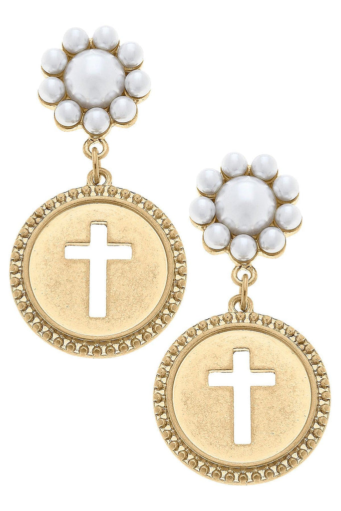 Candace Coin Cross Pearl Drop Earrings in Worn Gold - Canvas Style