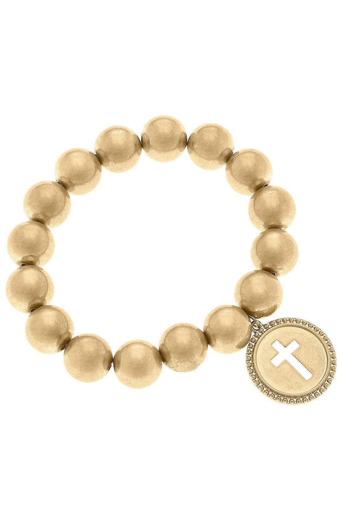 Candace Coin Cross Stretch Bracelet in Worn Gold - Canvas Style