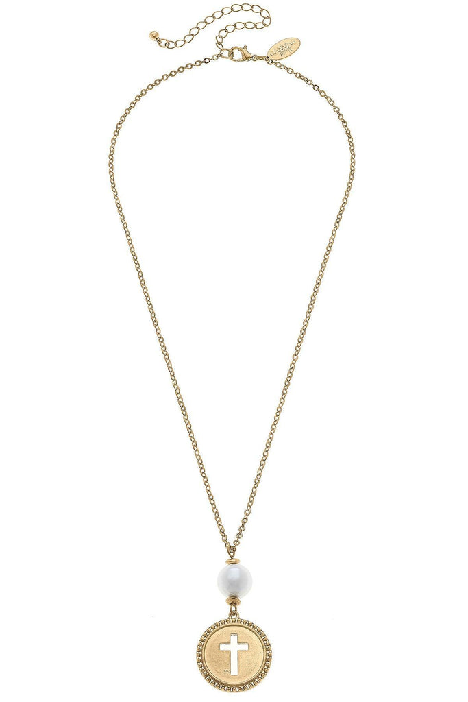 Candace Coin Cross with Pearl Necklace in Worn Gold - Canvas Style