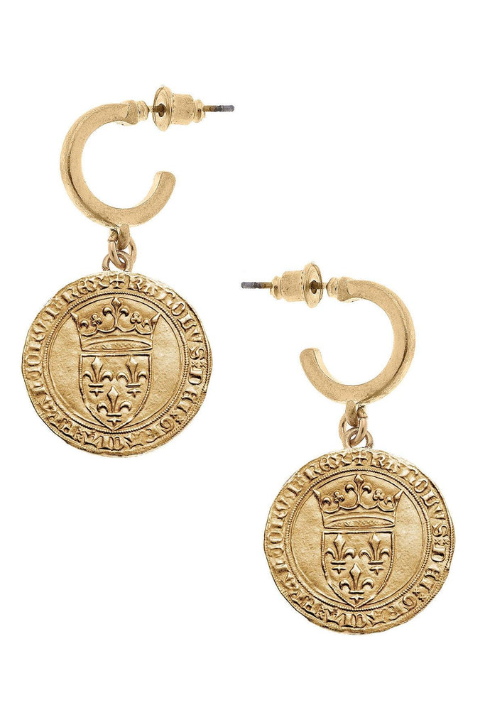 CANVAS Style x MaryCatherineStudio French Coin Drop Hoop Earrings in Worn Gold - Canvas Style