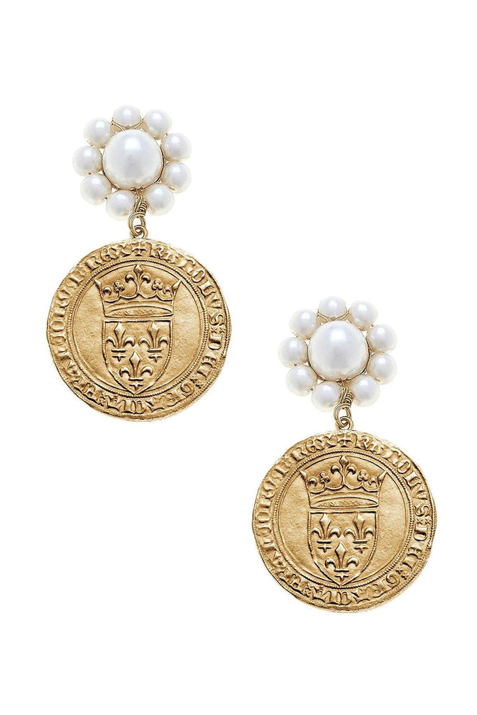 CANVAS Style x MaryCatherineStudio French Coin Pearl Drop Earrings in Worn Gold - Canvas Style