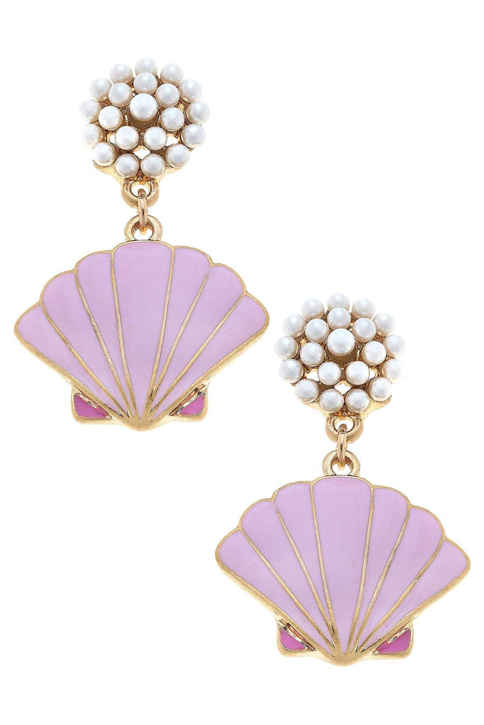 CANVAS Style x @thelovelyflamingo Enamel Scallop Shell Pearl Cluster Drop Earring in Pink - Canvas Style