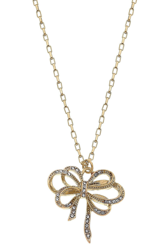 Carina Pavé Bow Pendant Necklace in Worn Gold - Canvas Style
