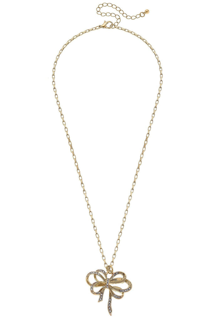Carina Pavé Bow Pendant Necklace in Worn Gold - Canvas Style