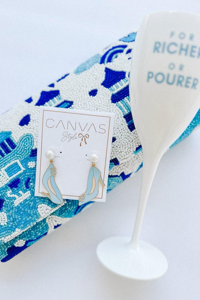 Carrie Enamel & Pavé Wedding Pump Earrings in Blue & White - Canvas Style