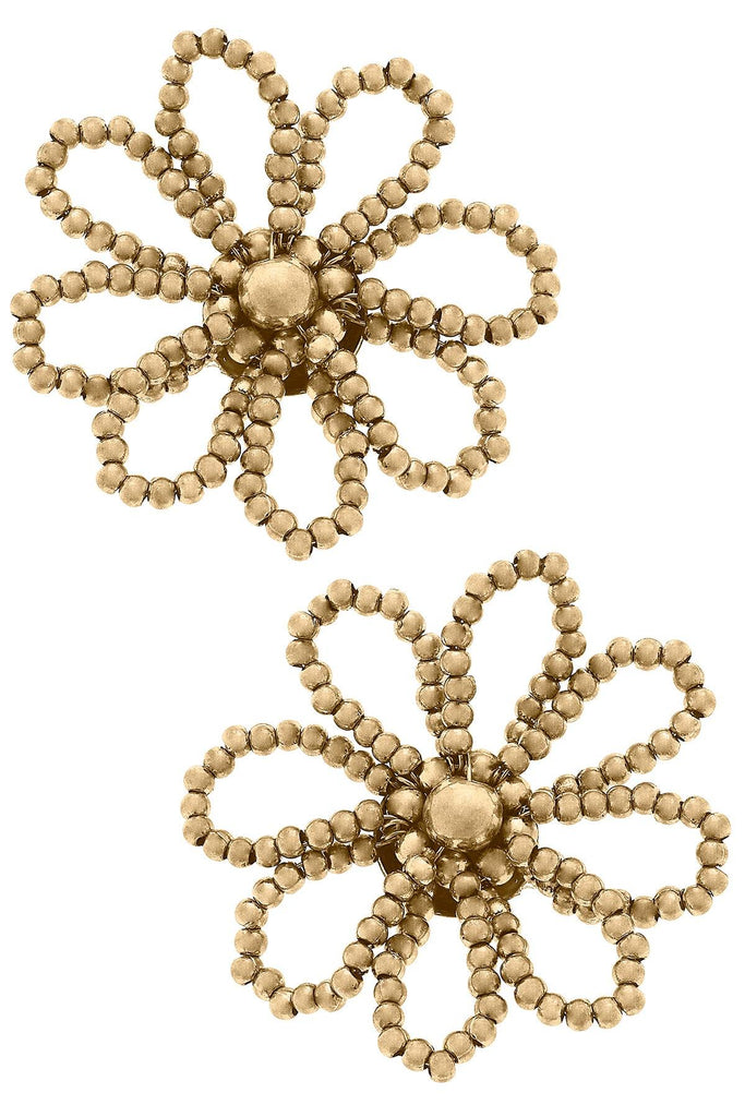 Cassi Bead & Pearl Floral Stud Earrings in Worn Gold - Canvas Style