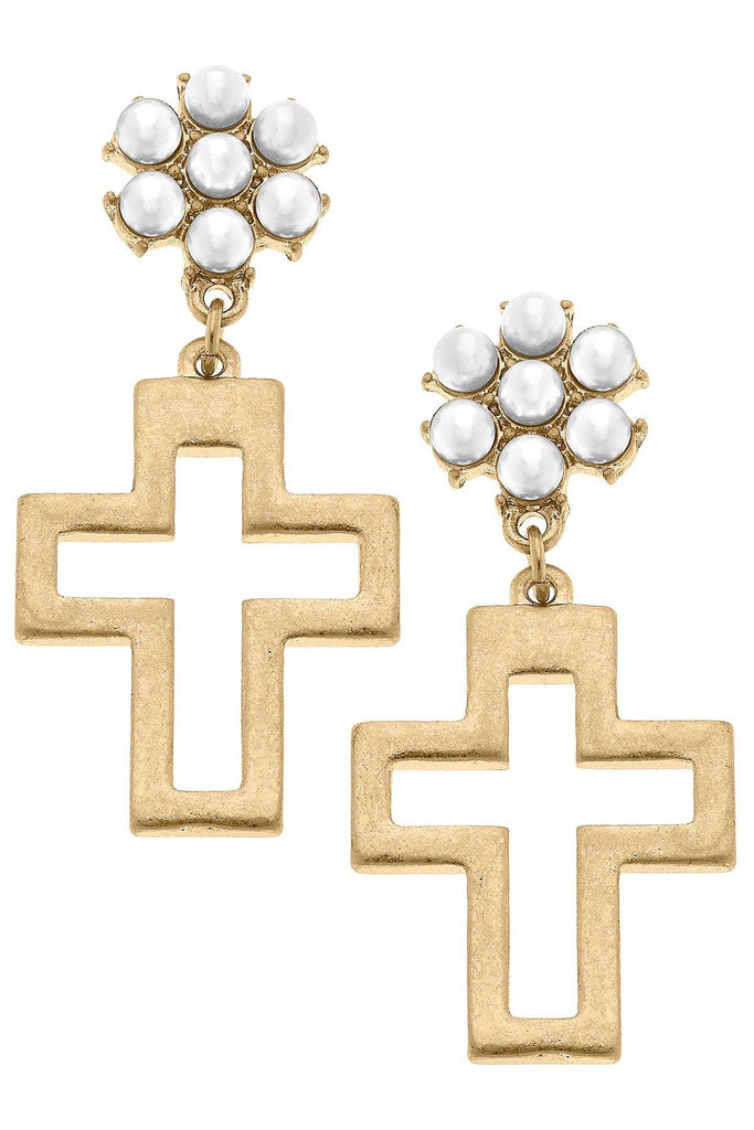 Charlotte Cross Pearl Cluster Drop Earrings in Worn Gold - Canvas Style