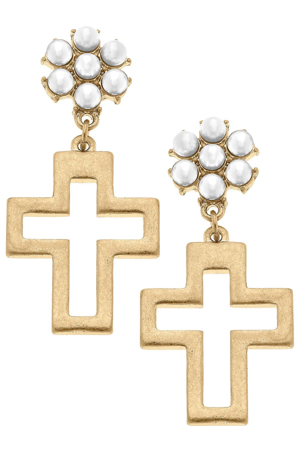 Charlotte Cross Pearl Cluster Drop Earrings in Worn Gold – Canvas Style