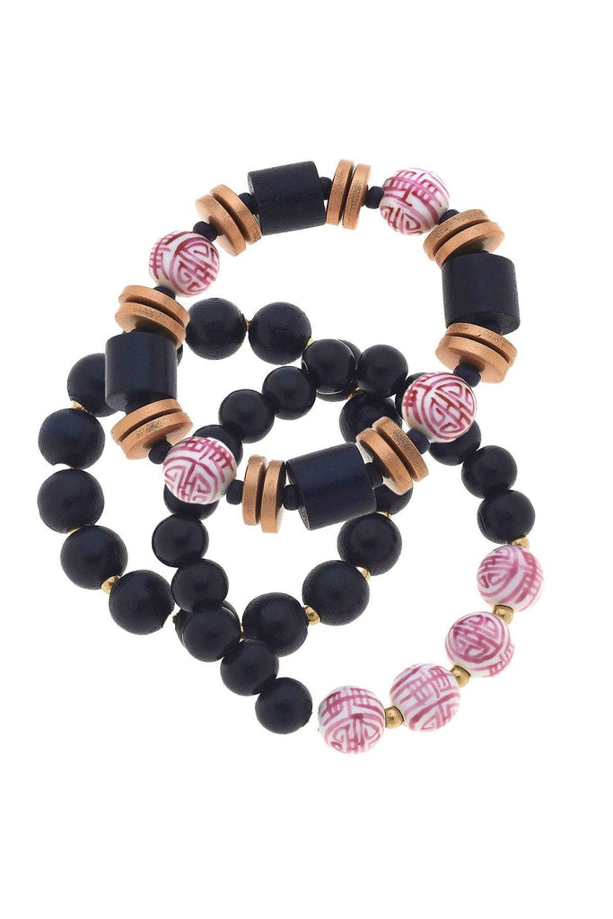 Chinoiserie & Wood Stretch Bracelet Stack - Canvas Style