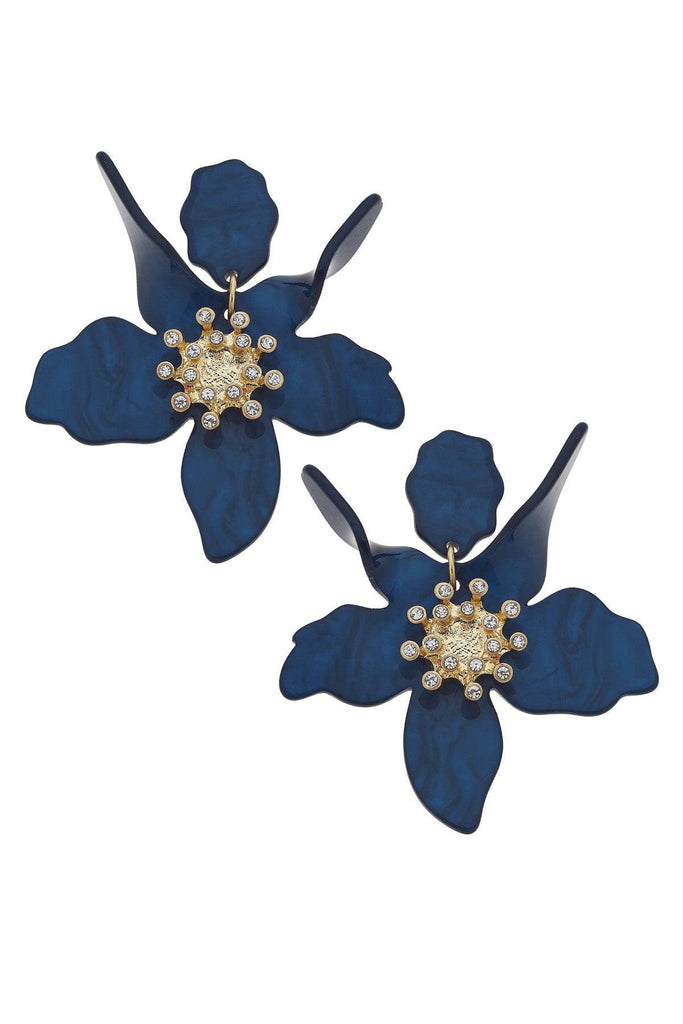 Chloe Resin Flower Statement Earrings in Navy - Canvas Style