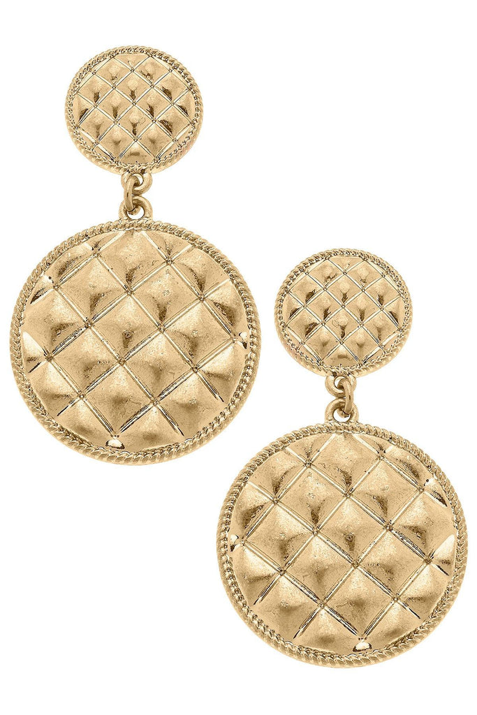Christine Quilted Metal Round Drop Earrings in Worn Gold - Canvas Style