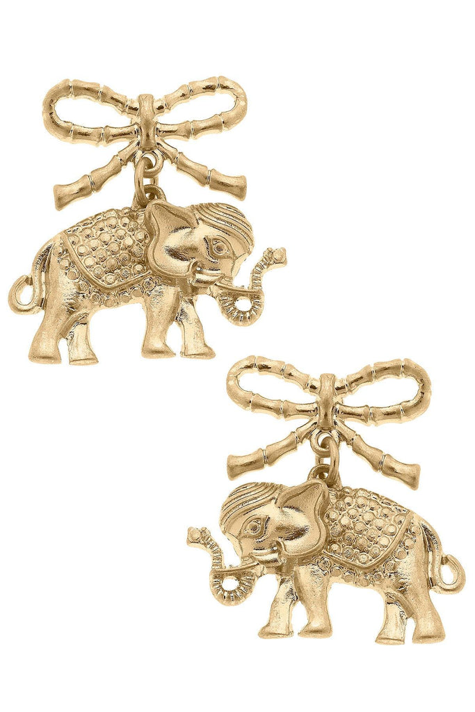 Ciara Elephant & Bow Drop Earrings in Worn Gold - Canvas Style