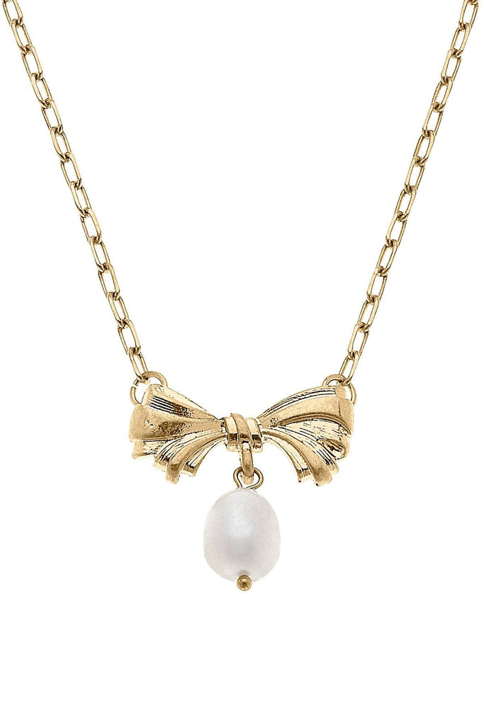 Cici Bow & Pearl Pendant Necklace in Worn Gold - Canvas Style