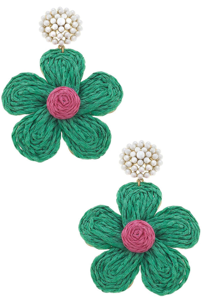 Claire Raffia Flower Pearl Drop Earring in Green - Canvas Style