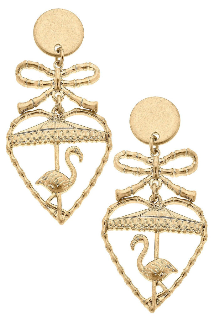 Claudette Flamingo & Bamboo Heart Drop Earrings in Worn Gold - Canvas Style