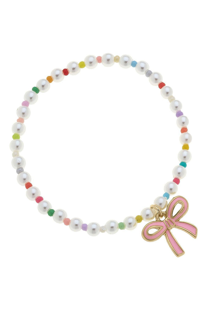 Clementine Beaded Pearl Bow Stretch Children's Bracelet in Light Pink - Canvas Style