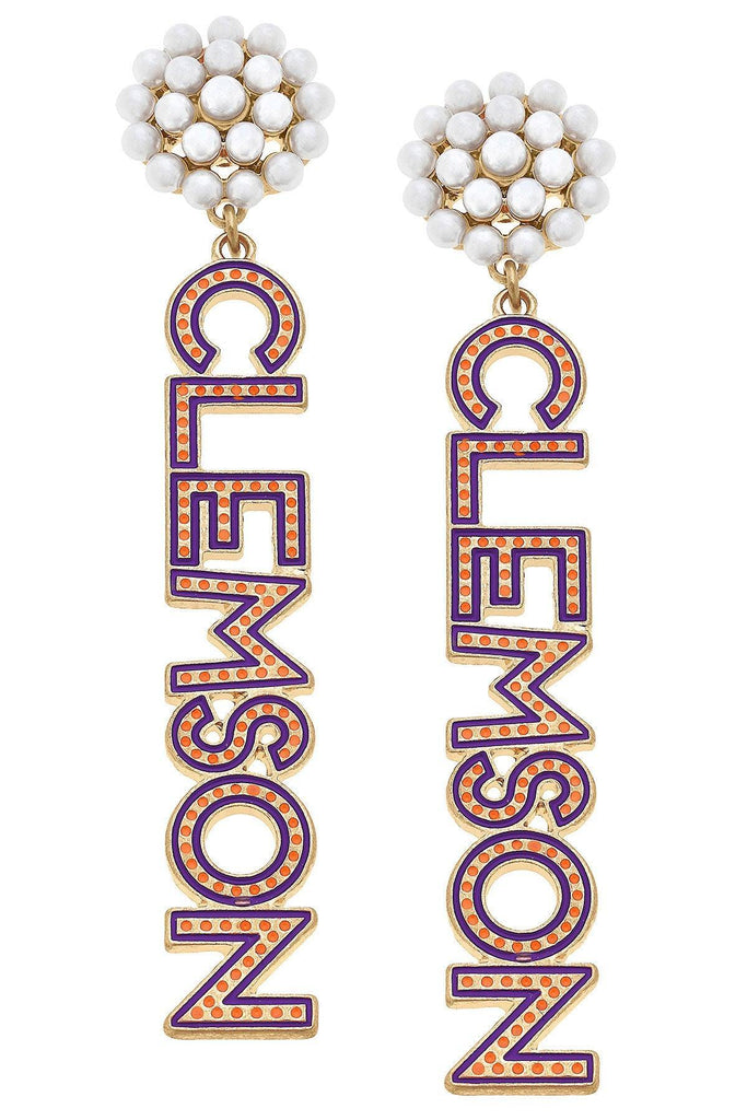 Clemson Tigers Pearl Cluster Dotted Enamel Drop Earrings - FINAL SALE - Canvas Style