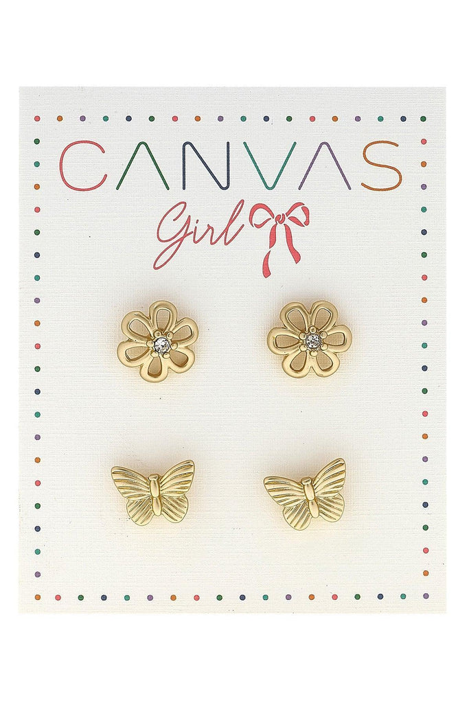 Cleo Open Flower & Butterfly Children's Stud Earrings (Set of 2) - Canvas Style