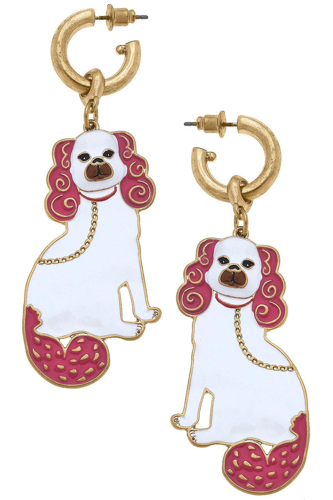 Coco Enamel Staffordshire Dog Earrings in Pink & White - Canvas Style