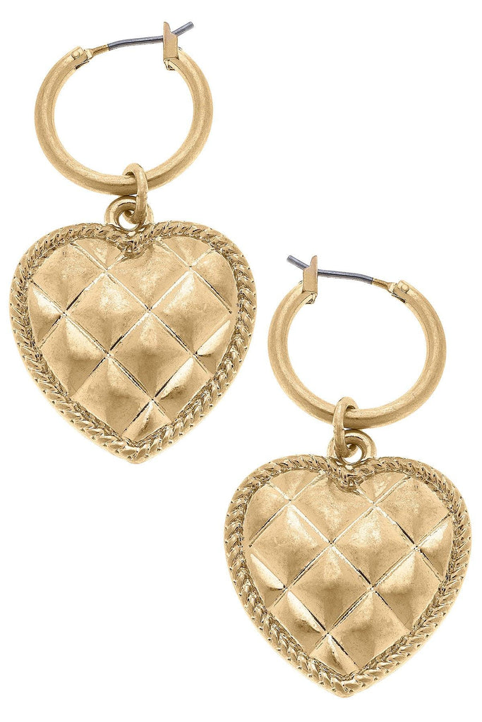 Collin Quilted Metal Heart Drop Hoop Earrings in Worn Gold - Canvas Style