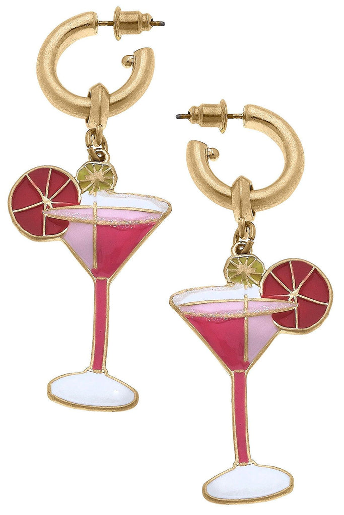 Cosmo Cocktail Enamel Drop Hoop Earrings in Pink - Canvas Style