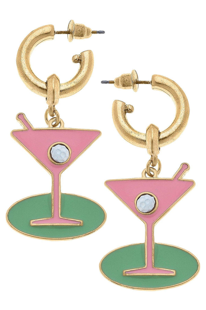 Country Club Martini Drop Hoop Earrings in Pink - Canvas Style