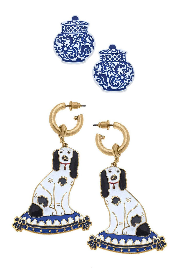 Courtney Chinoiserie Ginger Jar Stud and Baron Staffordshire Dog Earring Set - Canvas Style