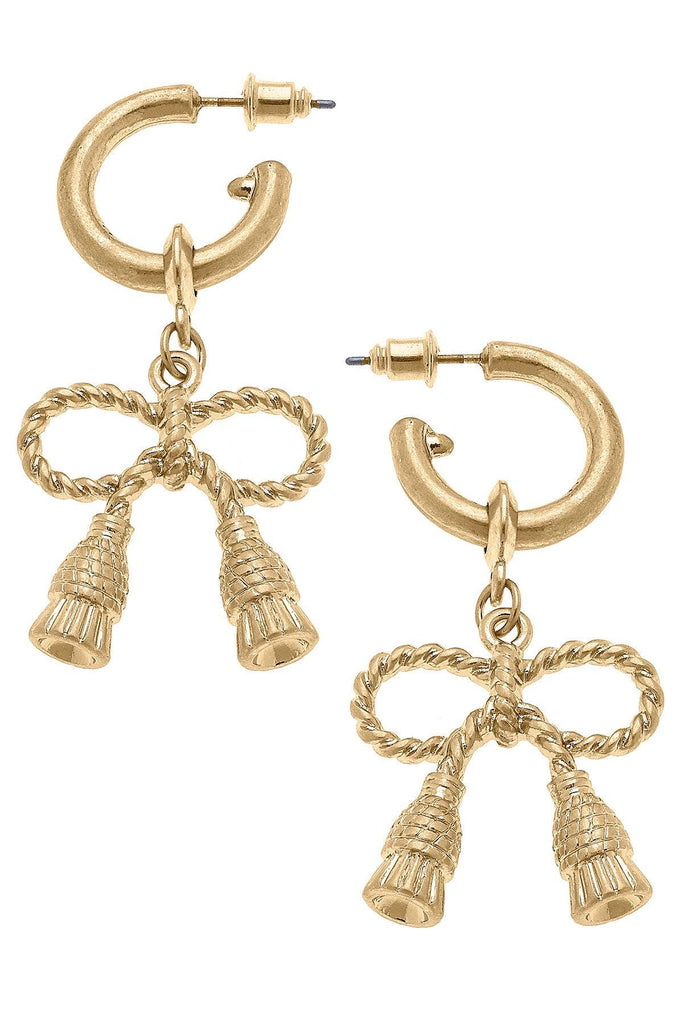 Daisy Bow Drop Hoop Earrings in Worn Gold - Canvas Style