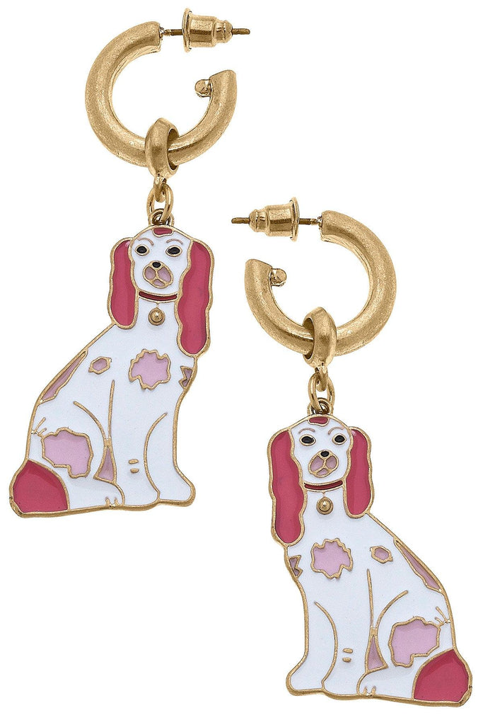 Daphne Enamel Staffordshire Dog Earrings in Pink & White - Canvas Style