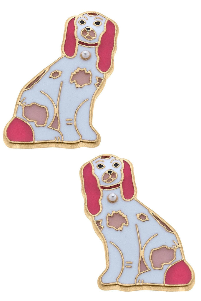 Daphne Enamel Staffordshire Dog Stud Earrings in Pink & White - Canvas Style