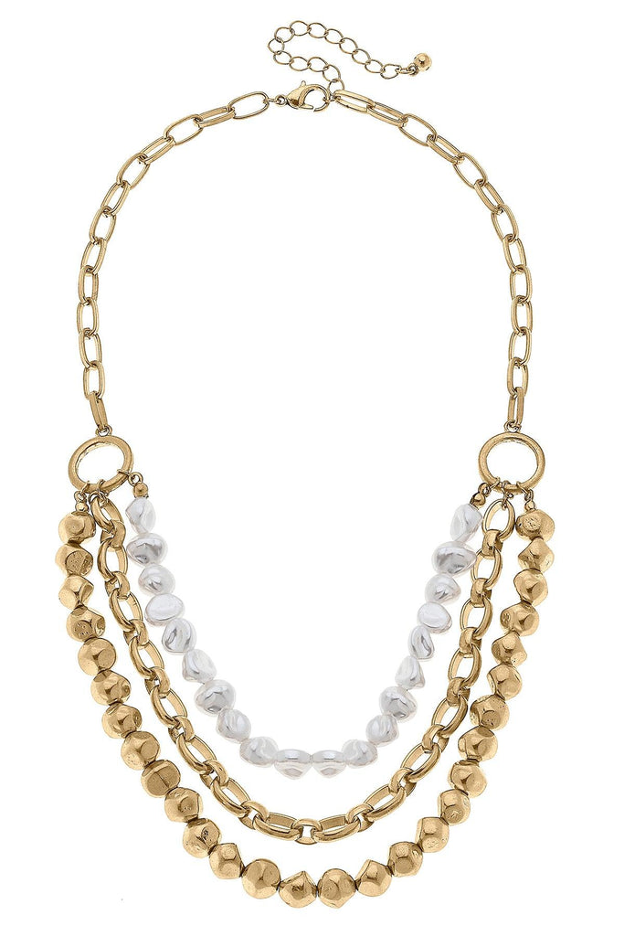 Delphi Layered Baroque Pearl & Ball Bead Chain Necklace in Worn Gold - Canvas Style