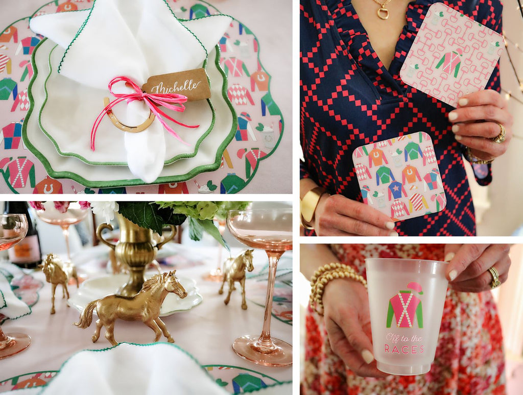 Canvas Style Kentucky Derby themed party goods - paper placemats, paper coasters, plastic cups