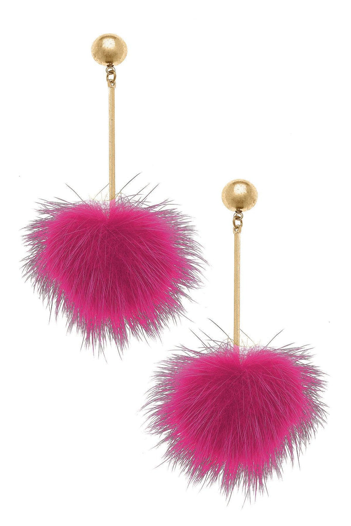 Dylan Faux Mink Pompon Drop Earrings in Fuchsia - Canvas Style