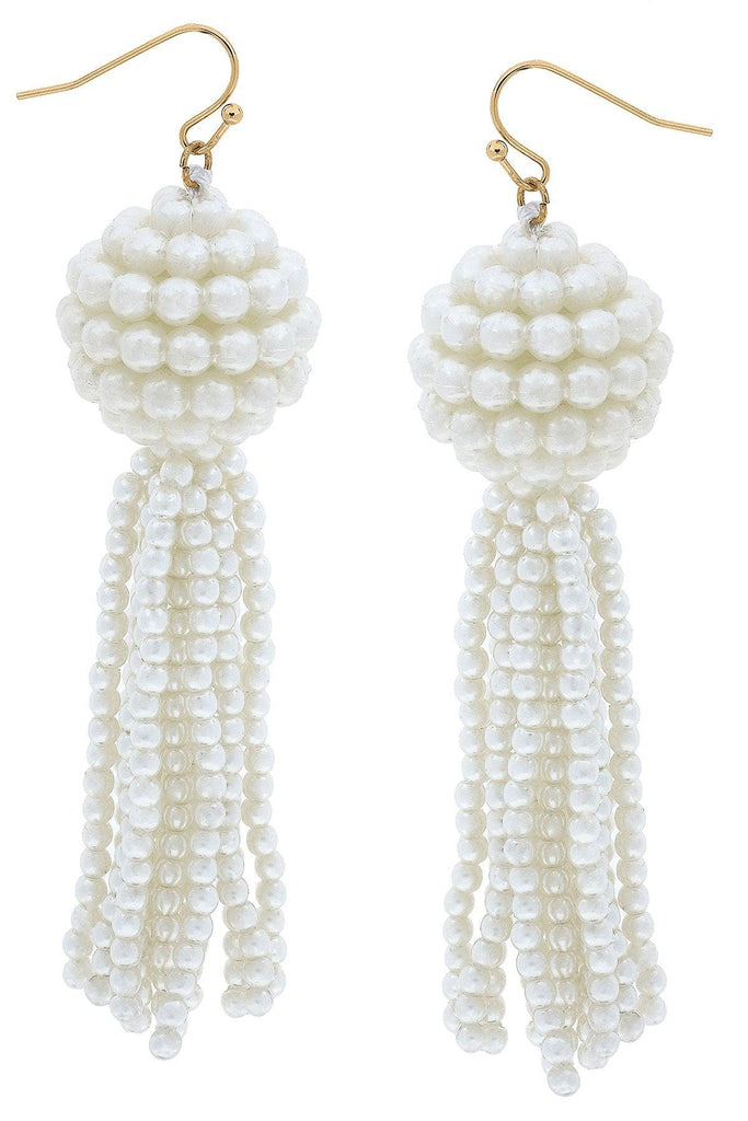 Edie Pearl Beaded Tassel Drop Earrings in Ivory - Canvas Style