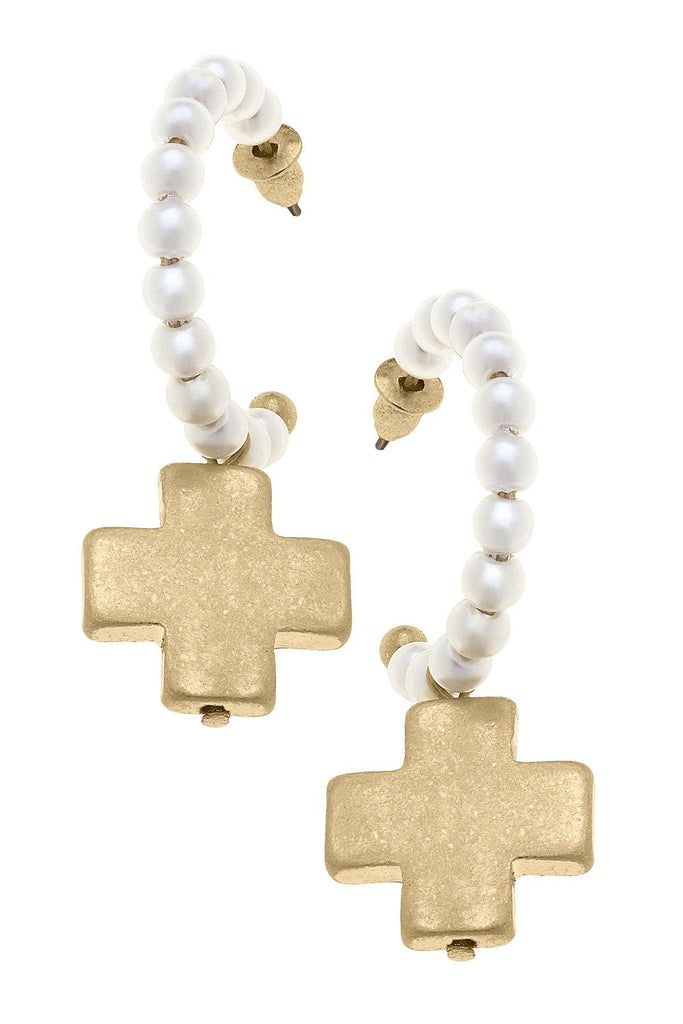 Edith Pearl Hoop Square Cross Drop Earrings in Worn Gold & Ivory - Canvas Style