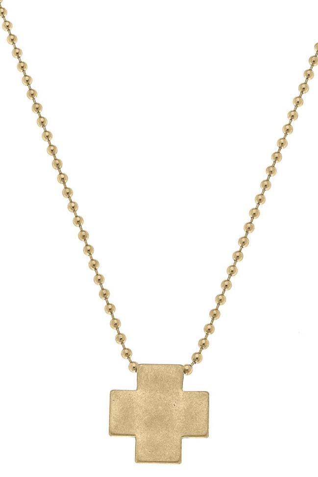 Edith Square Cross Ball Bead Necklace in Worn Gold - Canvas Style