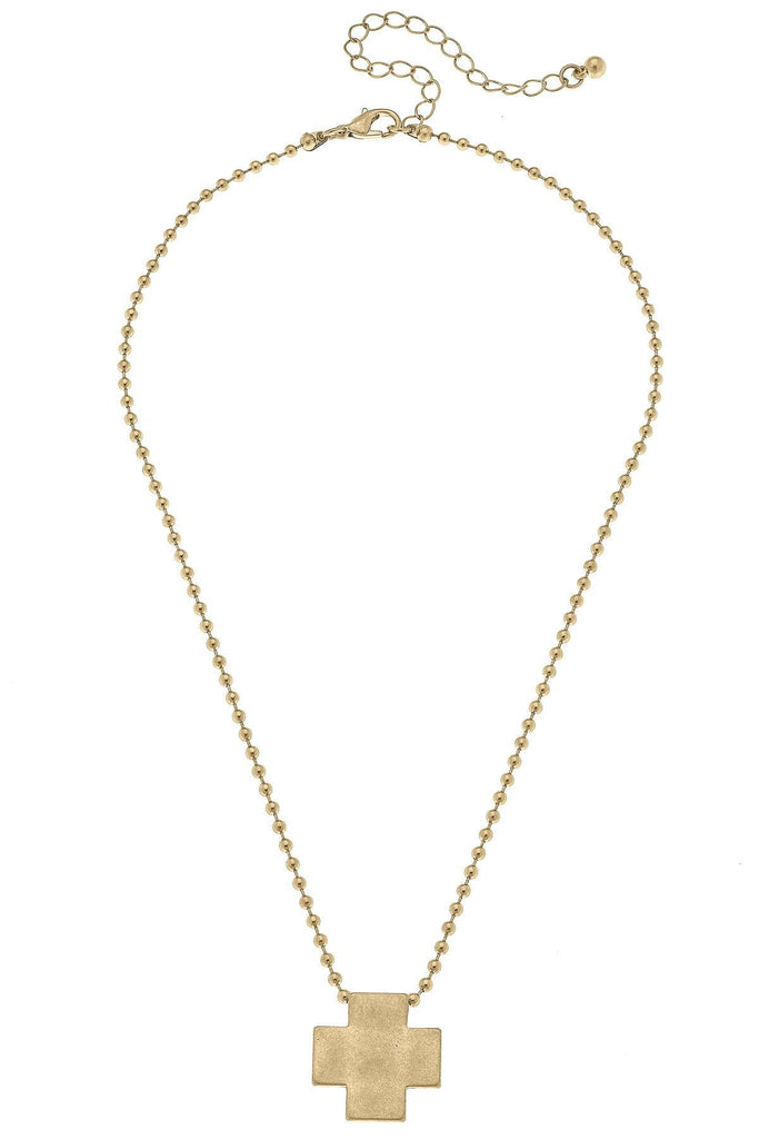 Edith Square Cross Ball Bead Necklace in Worn Gold - Canvas Style