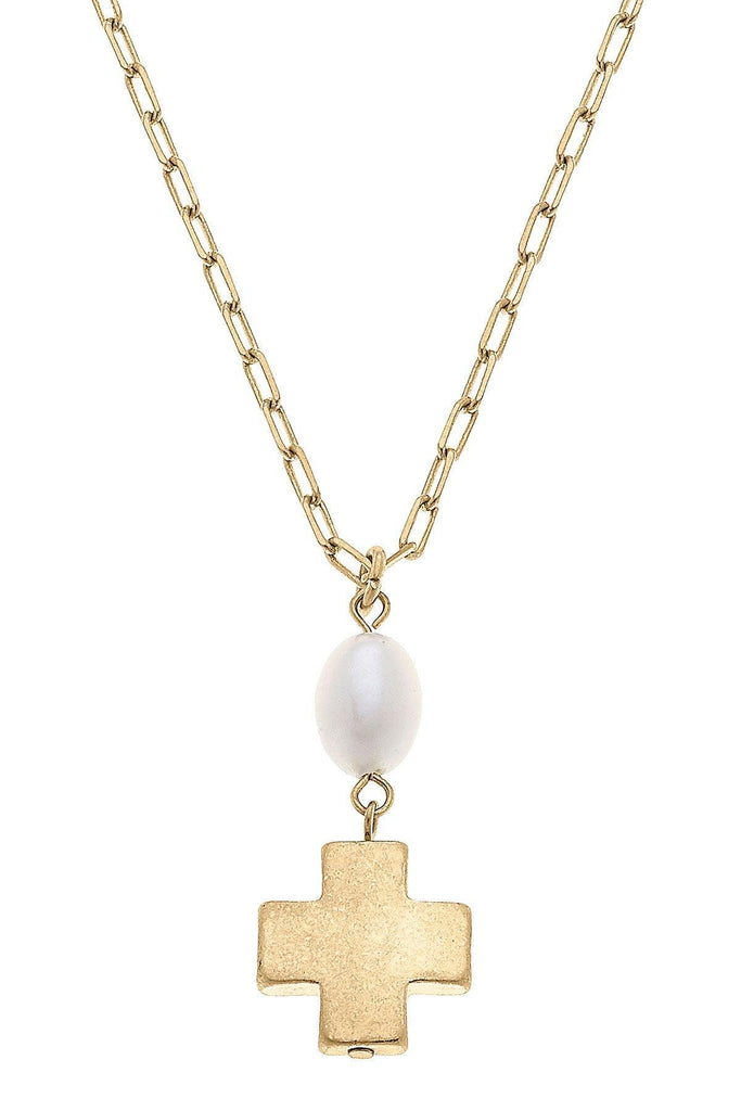 Edith Square Cross Delicate Necklace in Worn Gold - Canvas Style